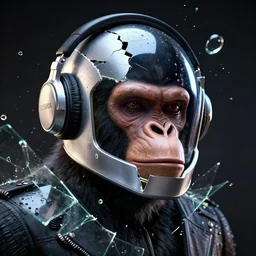 a portrait of a half - ape half human face emerges from a broken daft punk helmet wearing susvara headphones, shattered glass and water droplets fly everywhere refracting light, 1 0 % of the face is visible, unreal engine 5, contrast side light, very detailed