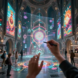 cinematic shot epic fractal halls of creativity, walls of large moving images, hyper realistic, mood lighting, fantasy, detailed people creating beautiful diverse large holographic art, highly detailed, super realistic, point of view of visor wearer, hands painting in the air!, perfect lighting pixel sorting