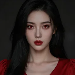 portrait of a woman with long black hair and red eyes, wearing a red dress, 8k, close up shot, detailed face, beautiful, octane render, dark lighting, artstation, artgerm, rutkowski, high quality, depth of field, dark colors,