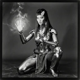 platinotype distresses vintage bw photo of a cyberpunk cyborg shaman doing magic