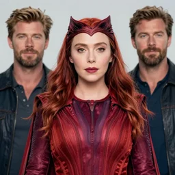 ( ( ( ( ( ( ( ( ( ( elizabeth olsen ) ) ) ) ) ) ) ) ) ) scarlet witch!!! chris hemsworth, portrait!!!, [ 4 k photorealism ]!!, trending on unsplash