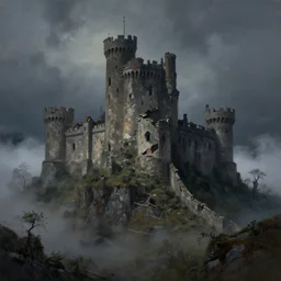 detailed realistic oil painting of a ruined castle on top of a hill surrounded by mist at night, artstation, beautiful, 4K
