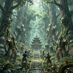 Intricate detailed illustration, An oriental rainforest with elemental golems , cinematic lighting, by Philip Hood, wide angle, volumetric light scattering, 8k, artstation, concept art,