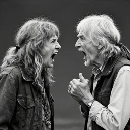 poignant portrait black and white photo of an old hippie couple screaming at each other, nostalgia, argument