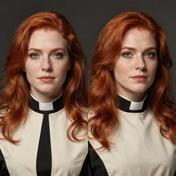 symmetrical portrait of a stocky redheaded woman in clerical vestments , iconic character art by Wayne Reynolds for Paizo Pathfinder RPG