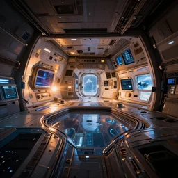 spaceship viewing deck, dramatic warm and cold lighting. by zaha hadid and airbus, architectural photography, 8 k, realistic lighting, reflections, bloom, hyperdetailed environment, pbr materials.