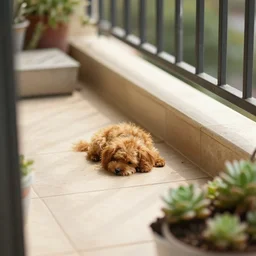 dog poo on apartment balcony!!!, photojournalism, depth of field, zoom, ultra - hd, sunlight, viewed from a distance, tiles, small succulent plants