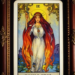 high priestess, ombre colors, tarot card with ornate border, frame nostalgia for a fairytale, magic realism, vivid colors, by charles vess, anato finnstark, cinematic lighting, beautiful face by leyendecker