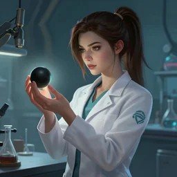 a league of legends concept art of a beautiful young female scientist in a laboratory holding in her hands a small black sphere, art by cushart krentz, ponytail, elegant, sharp focus, morandi color scheme, illustration, high quality, highly detailed, digital art, hyperrealism