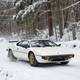 a 1 9 8 0 lotus esprit turbo, racing through a rally stage in a snowy forest