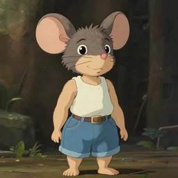 in the style of studio ghibli, anthropomorphic mouse, female, wearing denim shorts and tank top, detailed, intricate, aesthetic, artistic, ambient occlusion, volumetric light effect, 8 k resolution