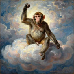 monkey on a cloud at the gates of heaven, full shot, oil on canvas, by raphael