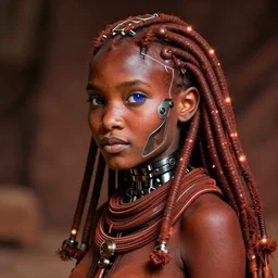 futuristic himba young woman, cybernetic eye, mechanical limbs, glowing dreadlocks, realistic concept art, dramatic lighting, intricate, depth of field, upper body, terracota colors