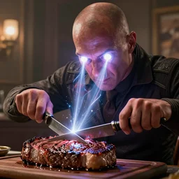 homelander cutting a piece of steak with lazers coming from his eyes, hyperdetailed, artstation, cgsociety, 8 k