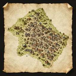 full detailed map of a small steampunk town, on a papyrus