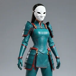 female adventurer in tight full - body teal leather armor of japanese design with red accents and a white porcelain crow mask, trending in artstation, japanese, establishing shot