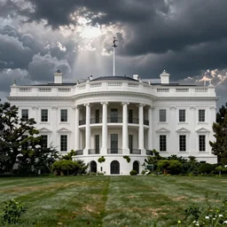 ancient artifact white house, covered in moss, broken pillars, thunder clouds, epic angle