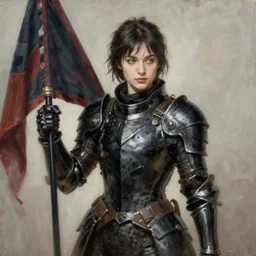 a heroine in black armor, she is holding a flag by Daniel F. Gerhartz, hyperrealistic oil painting, 4k, very detailed faces, studio lightning