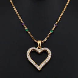 gold and diamond thin curly heart shaped necklace hanger with fine purple and green stones, very realistic, ultra detailed, centered, photograph, elegant, on black background