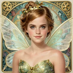 Emma Watson as fairy, cute, fantasy, intricate, elegant, highly detailed, digital painting, 4k, HDR, concept art, smooth, sharp focus, illustration, art by alphonse mucha,artgerm, H R Giger
