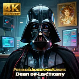 hyperrealist cyberpunk portrait of darth vader, it is decorated with long computer wires and computer monitors in the cyberpunk office background. by jeremy mann and alphonse mucha, fantasy art, photo realistic, dynamic lighting, artstation, poster, volumetric lighting, very detailed faces, 4 k, award winning