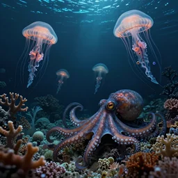 nightmares of the deepest oceans by zdzisław beksinski, bioluminescent, coral reef, jellyfish, octopus, ai biodiversity, ernst haeckel, photorealistic ultrasharp hyperdetailed octane render