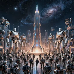 detailed intricate epic atmospheric illustration hyper detailed, millions of robot android workers standing in a crowd surrounding a gleaming super tall tower, under the star filled galactic night sky
