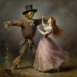 detailed soft painting of a robot scarecrow and his wife dancing. rembrandt style elegant highly detailed artstation concept art matte folk horror