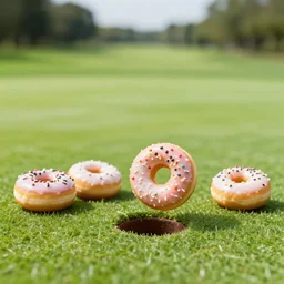 4 5 mm cookbook photgraphy of a donut hitting a hole in one at a golf course by johfra bosschart, photography by tyler mitchell