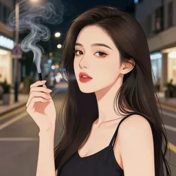 a woman smoking, beautiful face, street at night, long hair ， full color, beautifully drawn coherent professional, drawn by guweiz - n 5
