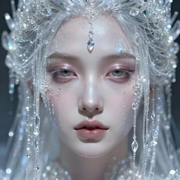 detailed face of a demure woman, lush, opulent, crystallized, light cascade, shimmer, soft reflections, prism, atmospheric, ambient, pj crook, syd mead, livia prima, artgerm, greg rutkowski, nick alm, casey baugh
