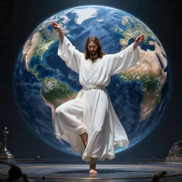 jesus christ wearing a white robe strikes a dance pose as the world ends around him, intricate, hyper detailed, accent lighting, dramatic light, 4 k octane render