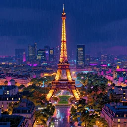 the city of neo - paris in 2 0 9 9. concept art, artstation, cityscape, night time, raining, vibrant colors, cyberpunk, french architecture