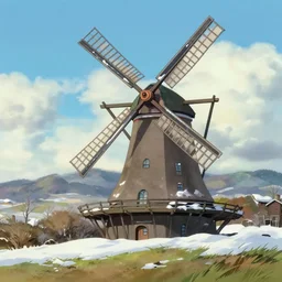 beautiful countryside background with a windmill by studio ghibli, cute, winter