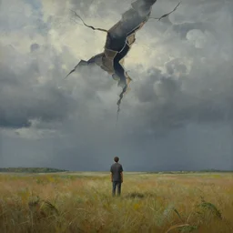 a man standing in a open field with a rift in the sky, wide angle shot, hd, intricate detail, painting
