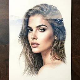 a beautiful woman face creative double exposure effect with beautiful mountain scenery, medium sized tattoo sketch, amazing detail, trending on pinterest, in the style of brandon kidwell