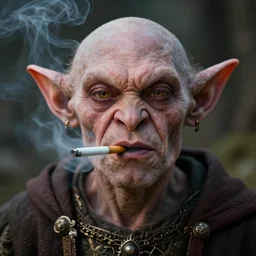closeup portrait of a medieval goblin smoking a cigarette, depth of field, zeiss lens, detailed, symmetrical, centered, fashion photoshoot, by Annie Leibovitz and Steve McCurry, David Lazar, Jimmy Nelsson, Breathtaking, 8k resolution, extremely detailed, beautiful, establishing shot, artistic, hyperrealistic, beautiful face, octane render