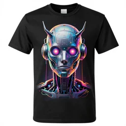 photo of a black tshirt with a hyperdetailed trippy futuristic robot head, 8 k, symetrical, flourescent colors, multicolored tshirt art,