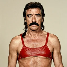 The full figure portrait is of the actor sean connery. He is wearing the red leather mankini from the film zardoz. He has a thick black moustache and a long plait of hair. He is dressed as the emperor from star wars. by Mark Mann and Steve McCurry. Rembrandt with a honeycomb. Nikon D850. Sigma 85mm F1.4 DG HSM A. Aperture f/3.5. Shutter speed 1/60. ISO 1600