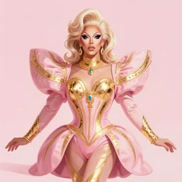 illustration of a masculine drag queen, light pink, gold color scheme, artgerm, cushart krenz, artstation, soft light, sharp focus, award - winning, 4 k, 8 k, symmetrical, digital art, character design, concept art