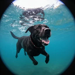 a happy black labrabull dog swimming underwater, 8 k, ultra wide fisheye lens, national geographic style
