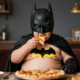 obese kid batman biting pizza