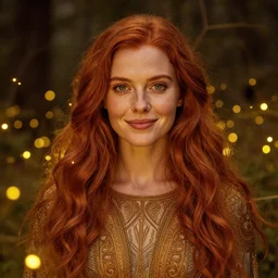 lovely woman, serene smile surrounded by golden firefly lights, amidst nature fully covered by a intricate detailed dress, long red hair, precise linework, accurate green eyes, small nose with freckles, smooth oval shape face, empathic, expressive emotions, dramatic lights spiritual scene, hyper realistic ultrafine art by armstrong rolf