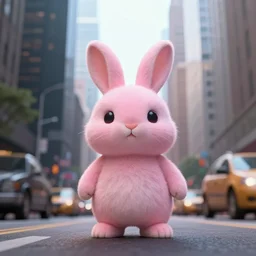 a cute pink rabbit in the middle of a busy street with skyscrapers, low angle camera, cinematic, very detailed, 8 k, depth of field