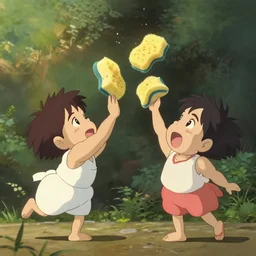 a wholesome animation key shot of two cartoon characters throwing sponges at each other, sponges flying, by studio ghibli, animation, sharp, rendered in unreal engine 5, focused, anime key art by greg rutkowski, bloom, dramatic lighting