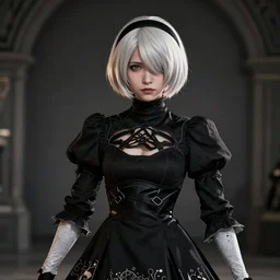 Hyperrealistic beautiful portrait of 2B, nier automata, black dress, 8k, Octane Render, cinematic lighting