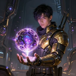 portrait sci-fi art by Greg Rutkowski and Ruan Jia, a glowing alien liquid metal orb floating above the hand of a soldier, solar flares, futuristic environment, detailed and intricate environment, fractal biomech, cyberpunk, neon color, purple bioluminescence, gold and black metal, dramatic lighting, cinematic, high technology, highly detailed portrait, digital painting, artstation, concept art, smooth, sharp focus, ilustration, Artstation HQ