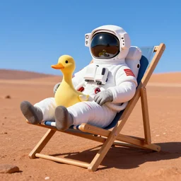 an astronaut duck resting on mars in a beach chair, vibrant lighting, elegant, highly detailed, smooth, sharp focus, illustration, beautiful, geometric, trending on artstation, full body, cinematic, artwork by borovikovsky