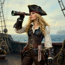 a fierce, beautiful, friendly, calm, blonde, well - dressed, steampunk, covered, armed, pirate captain, standing on the deck of her ship gazing at the horizon through a spyglass ready for battle in 1 7 3 0, realistic, hd, award - winning painting