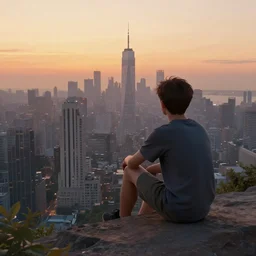 a boy sitting watching sunrise over a beautiful city, by alena aenami, trending on artstation, 8 k, high resolution, insanely detailed and intricate, beautiful, matte painting, unreal engine